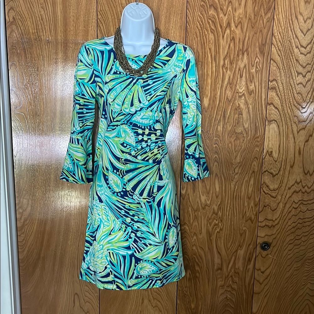 Lilly Pulitzer Blue and Green Sheath Dress with Bell Sleeves
